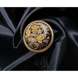 Vintage Black & Gold Floral Damascene Brooch Pin Jewelry Accessory With Intricat